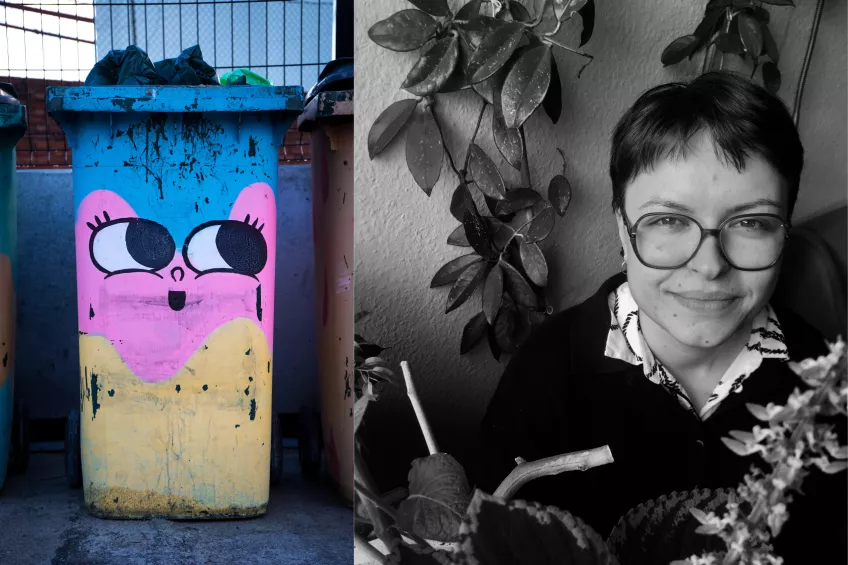 A collage of two images; a black and white photograph of Kajsa Antonsson and a colorful spraypainted trash can with a face