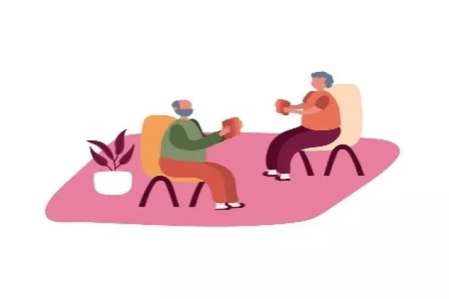 Äldre personer sitter vid ett bord. Animation. 